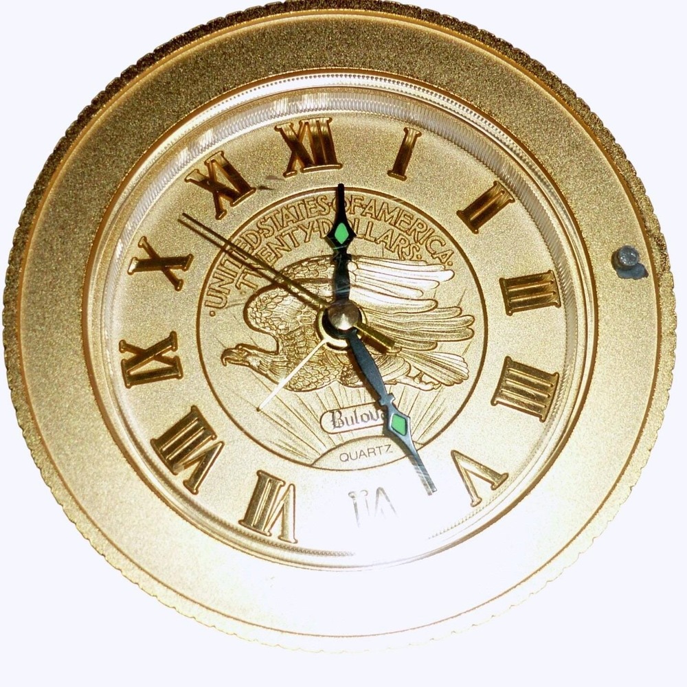 Bulova B0675 Gold Tone Coin Face Eagle Quartz Alarm‎ Desk Clock Roman Numerals